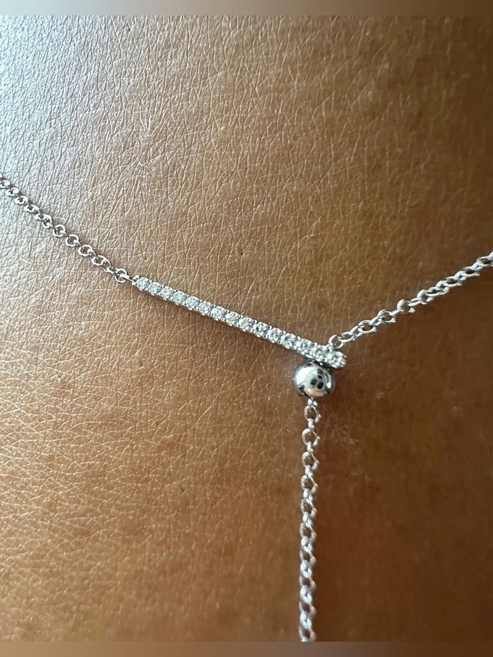 Adjustable 14K White Gold 0.12ctw Natural Diamond Bar Lariat Y Necklace 18”